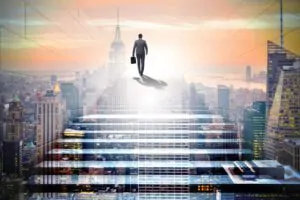 Imagem ilustrativa de um homem subindo as escadas.